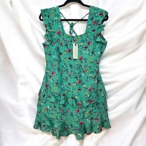 Lottie & Holly Green Floral Tiered Mini Dress Ruffle Sleeve Tie Back Size M NEW